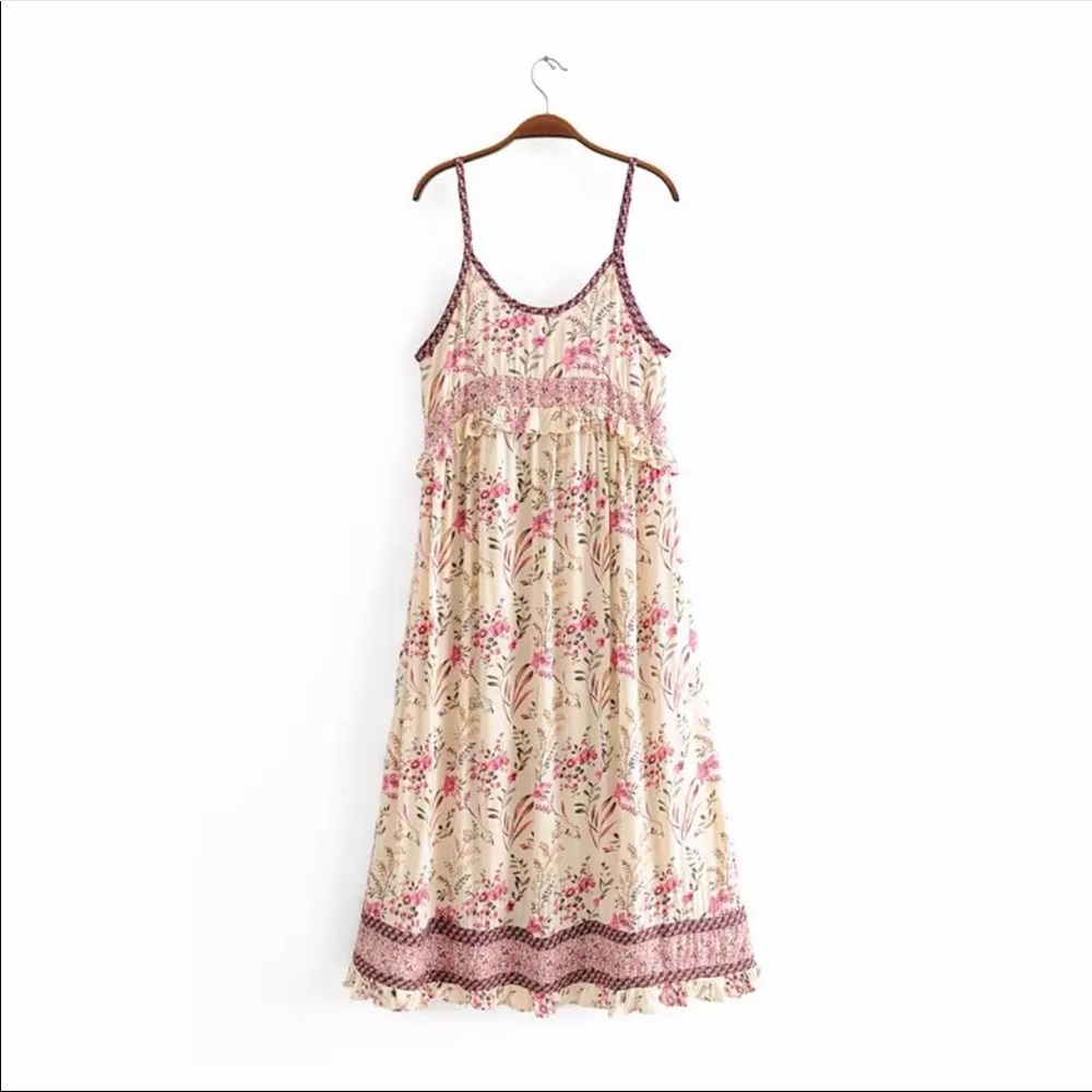Boho Floral Gypsy Print Midi Ruffle Dress pink - Picture 3 of 15